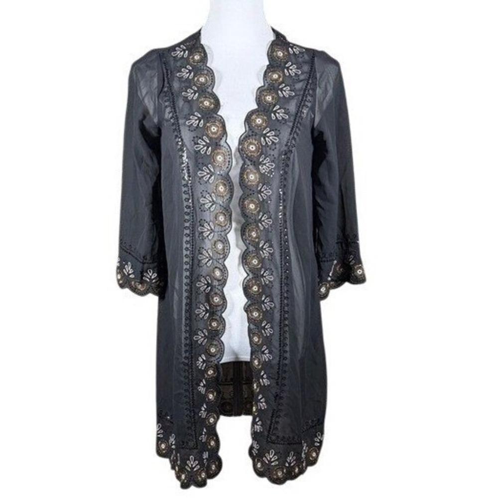 Antthony Studio Womens XS Black Sheer Embroidered Sequin Duster Cardigan 12819